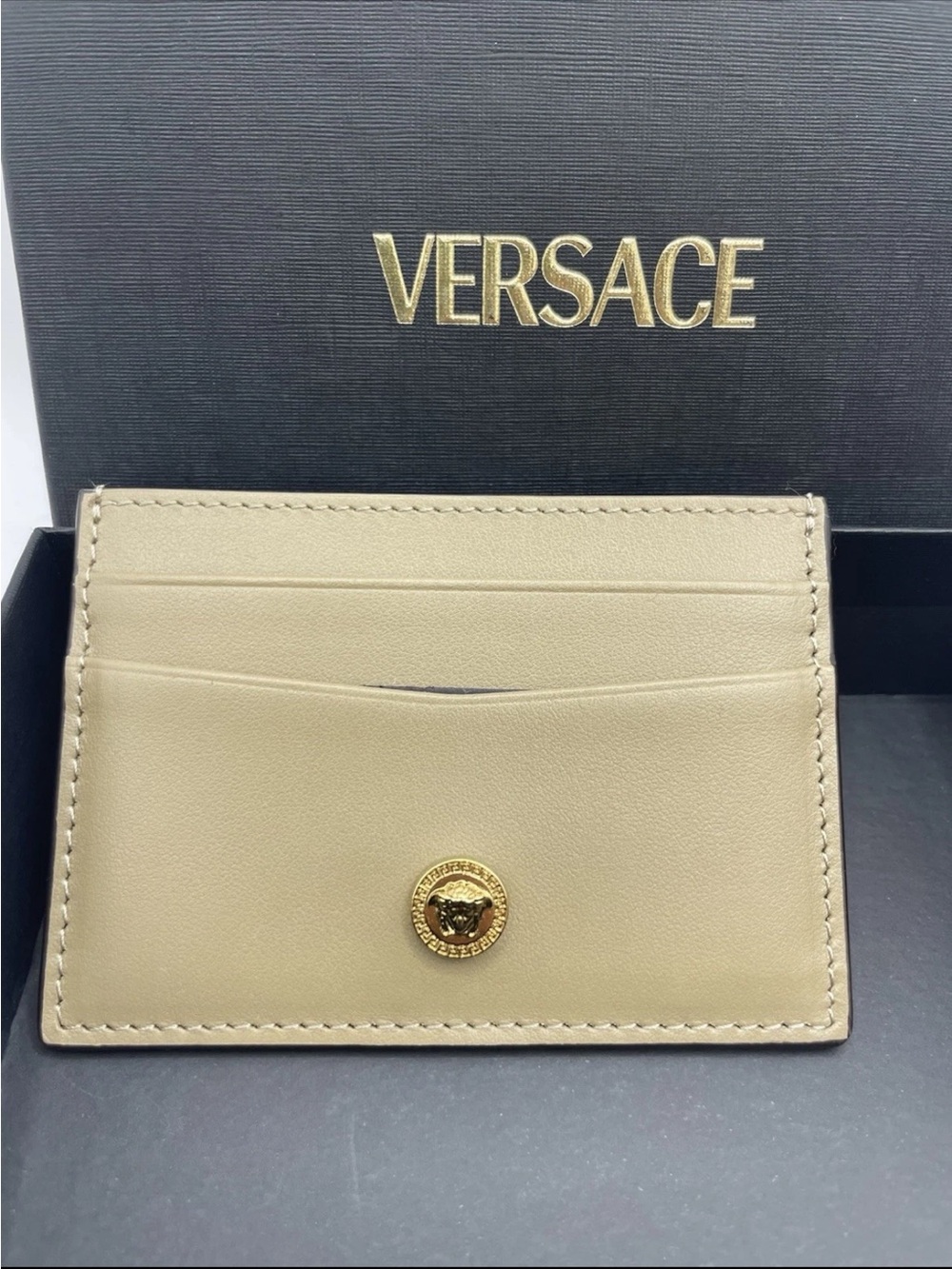 Versace Beige Leather Card Holder with Medusa Button $300 Retail Authentic